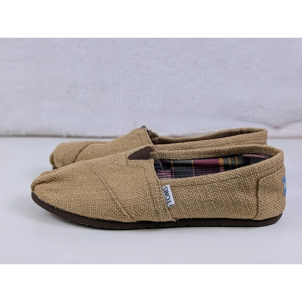 TOMS Womens Tan Burlap Canvas Alpargata Slip On Shoes Plaid Lined Size 8